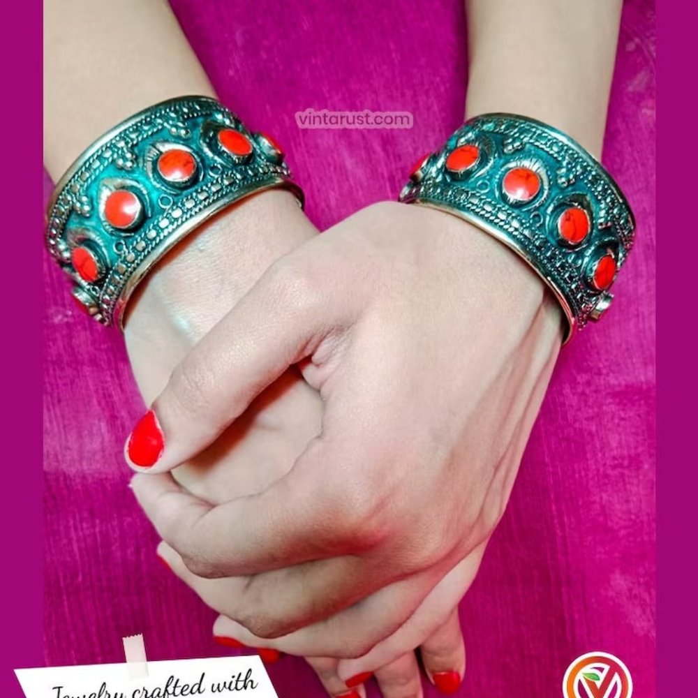 Single Boho Kuchi Cuff Bracelet: Tribal Afghan Silver Bracelet with Stones